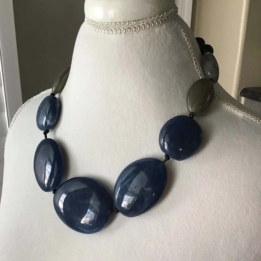 Blue River Stone Look Statement Necklace Blue Gray Flat Beads Black Cord NEW - Picture 8 of 9